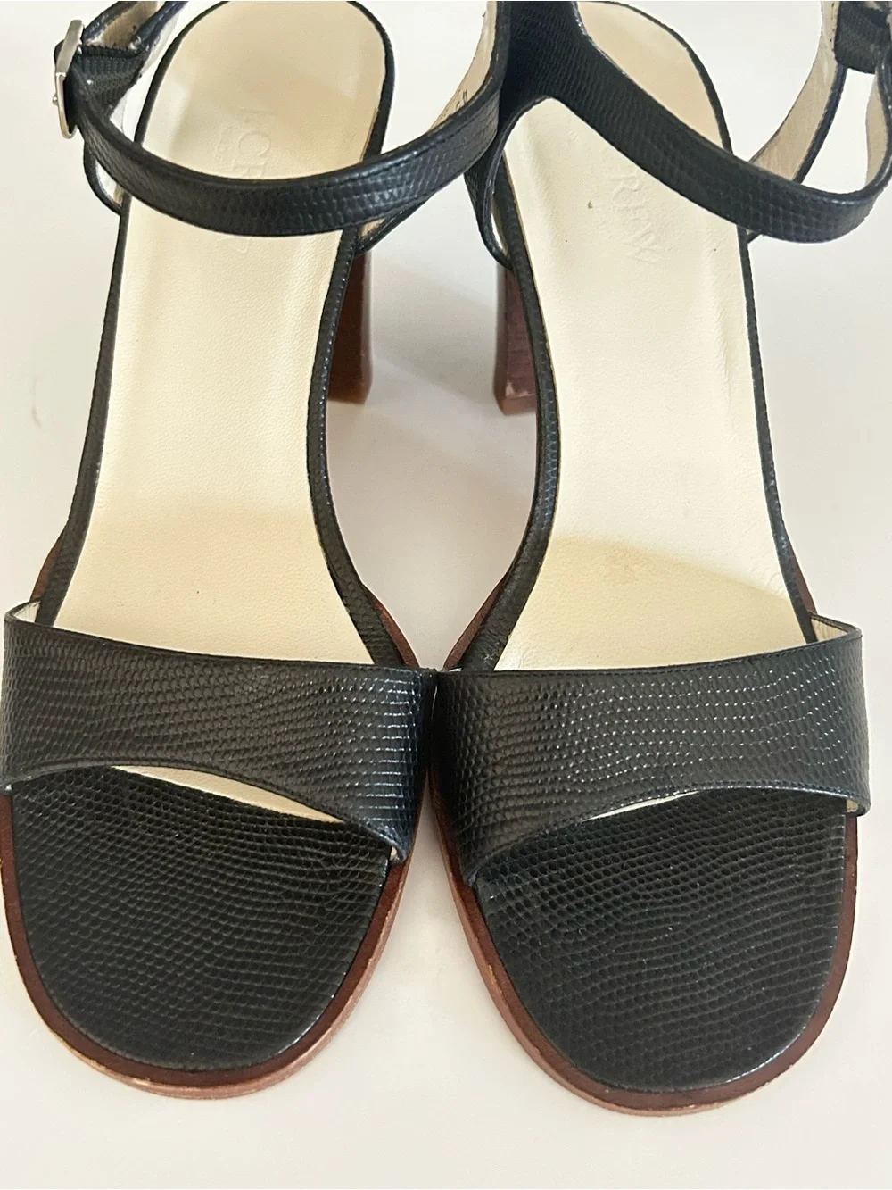 J. Crew Italy block heel sandals, lizard embossed, all leather, black, size 8